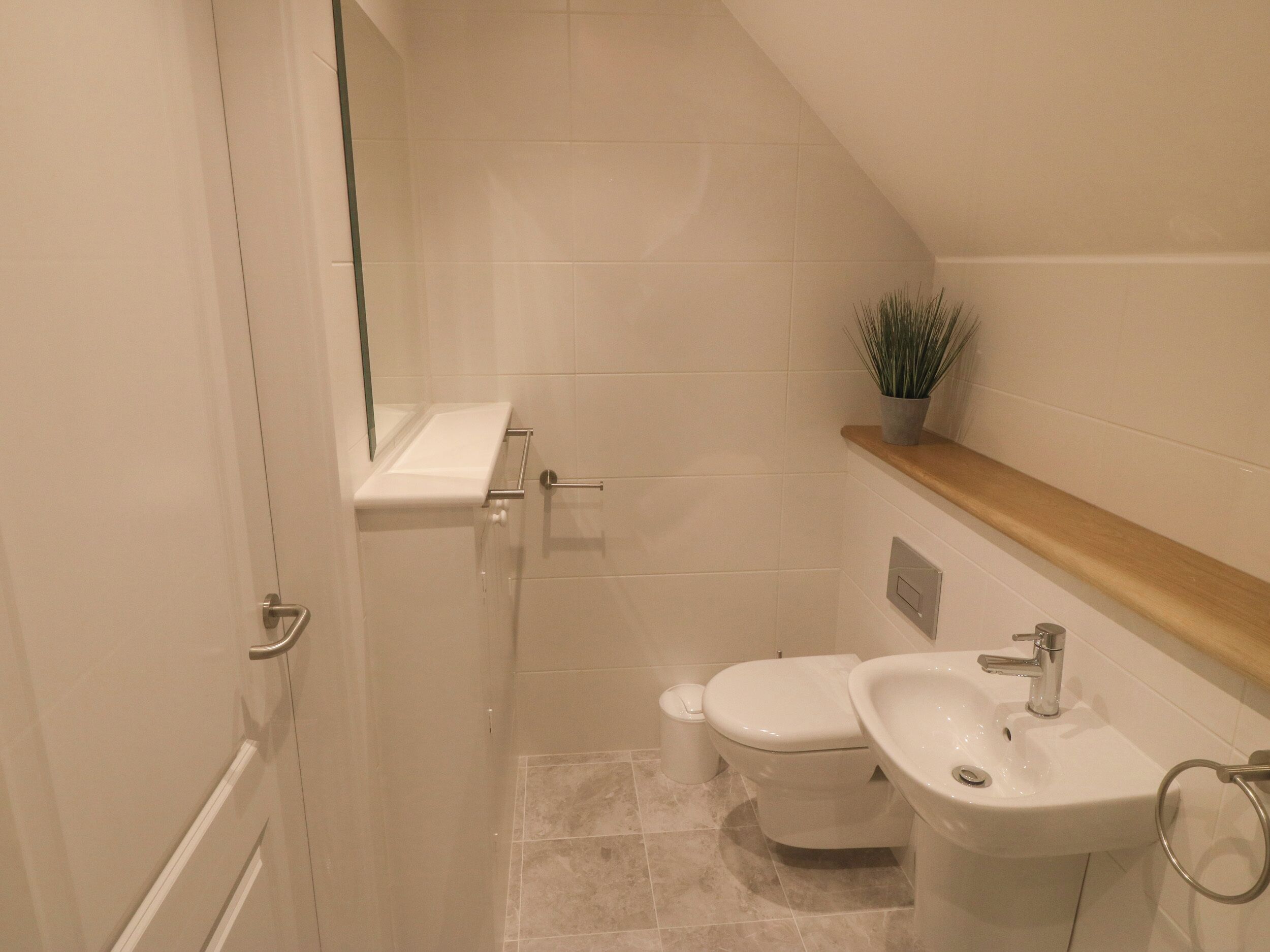 A bathroom with a toilet, sink, and a small potted plant on a shelf.