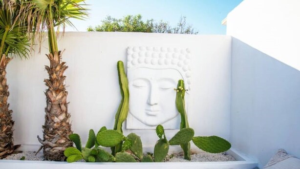 Paredes brancas com uma estátua de Buda, duas palmeiras e um jardim de cactos.