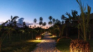 A nighttime pathway flanked by palm trees and illuminated by ground lights, leading towards a distant structure. - Pousada Haya (São Miguel dos Milagres)