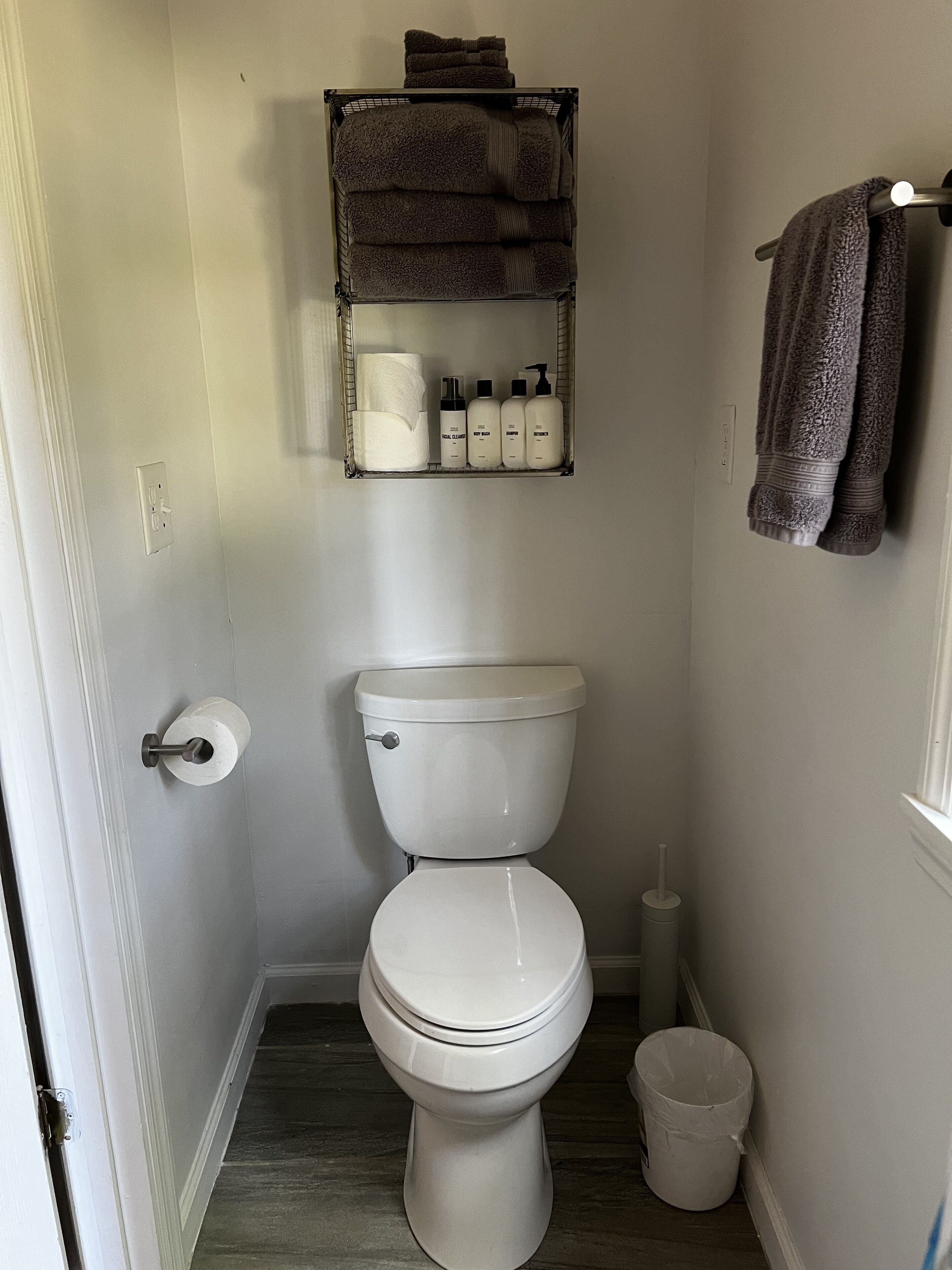 Een kleine badkamer met een toilet, een plank met toiletartikelen en een handdoekhouder.