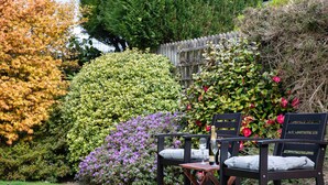 Un coin de jardin aménagé avec une table et des chaises en bois, une bouteille de champagne et un verre.