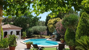 A swimming pool surrounded by potted plants and a small building with a tiled roof. - The villa (Beauvoisin)