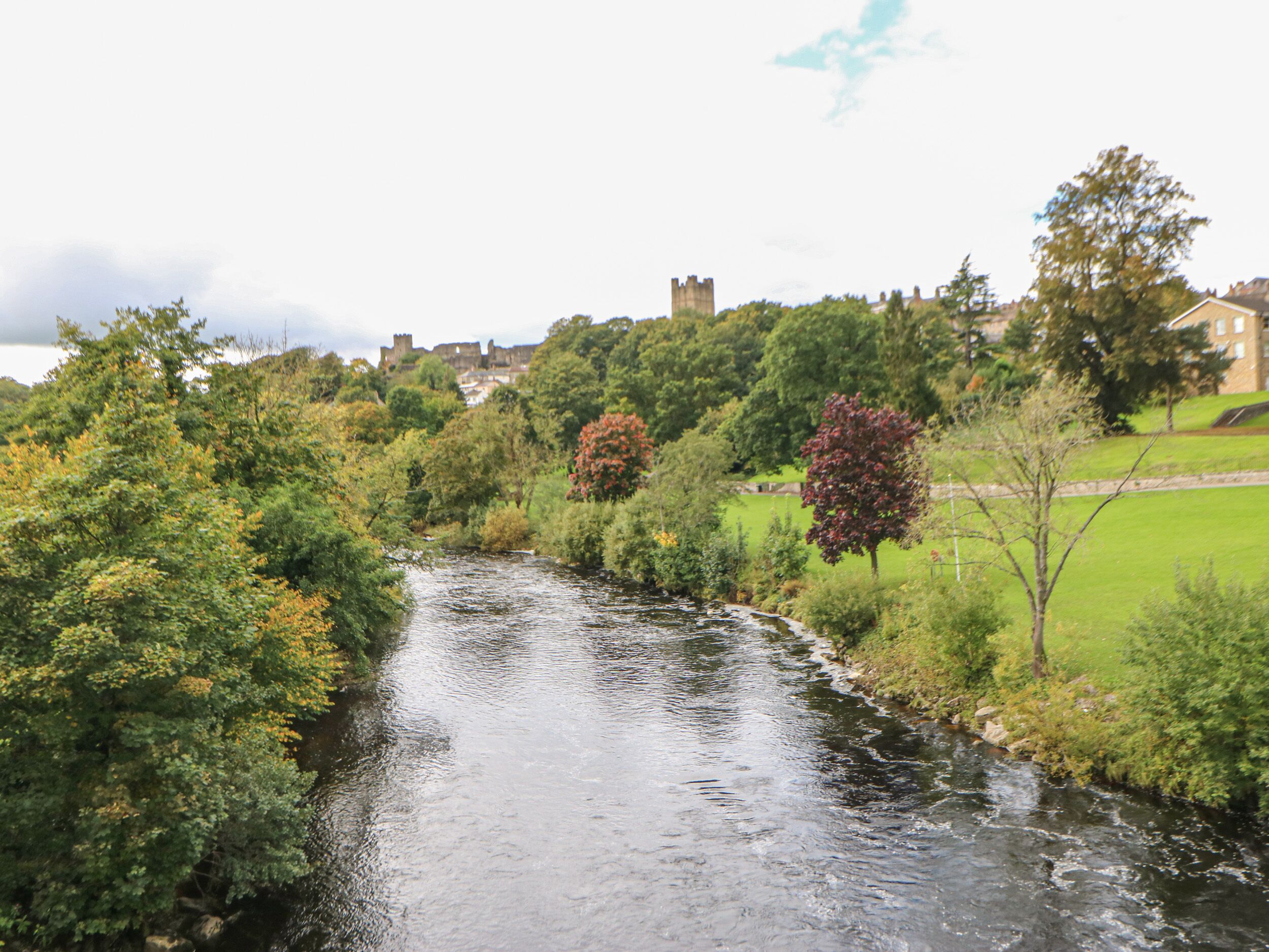 A river flowing through a lush landscape with trees and a castle in the background.