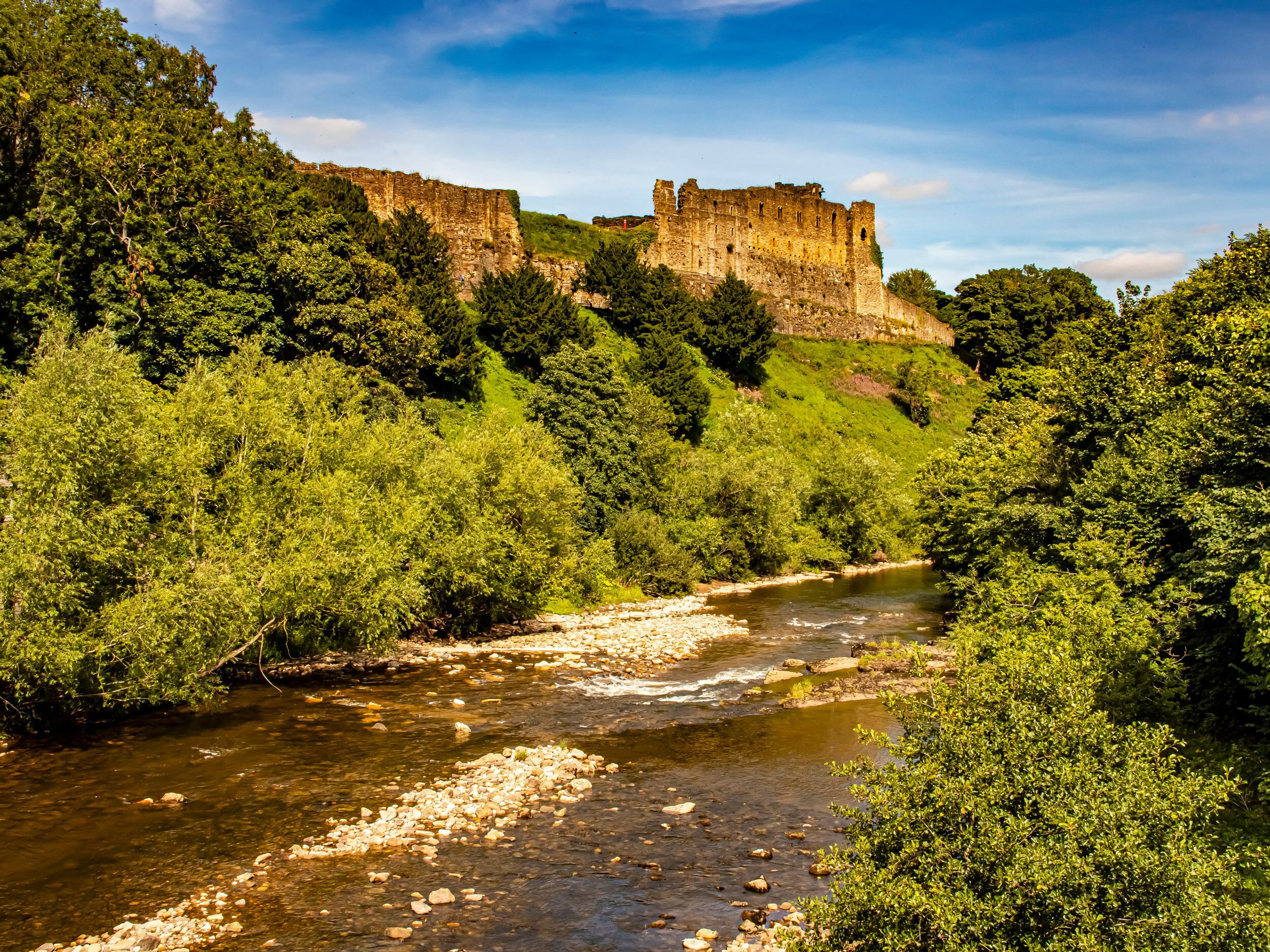 A castle on a hill overlooking a river with dense greenery.