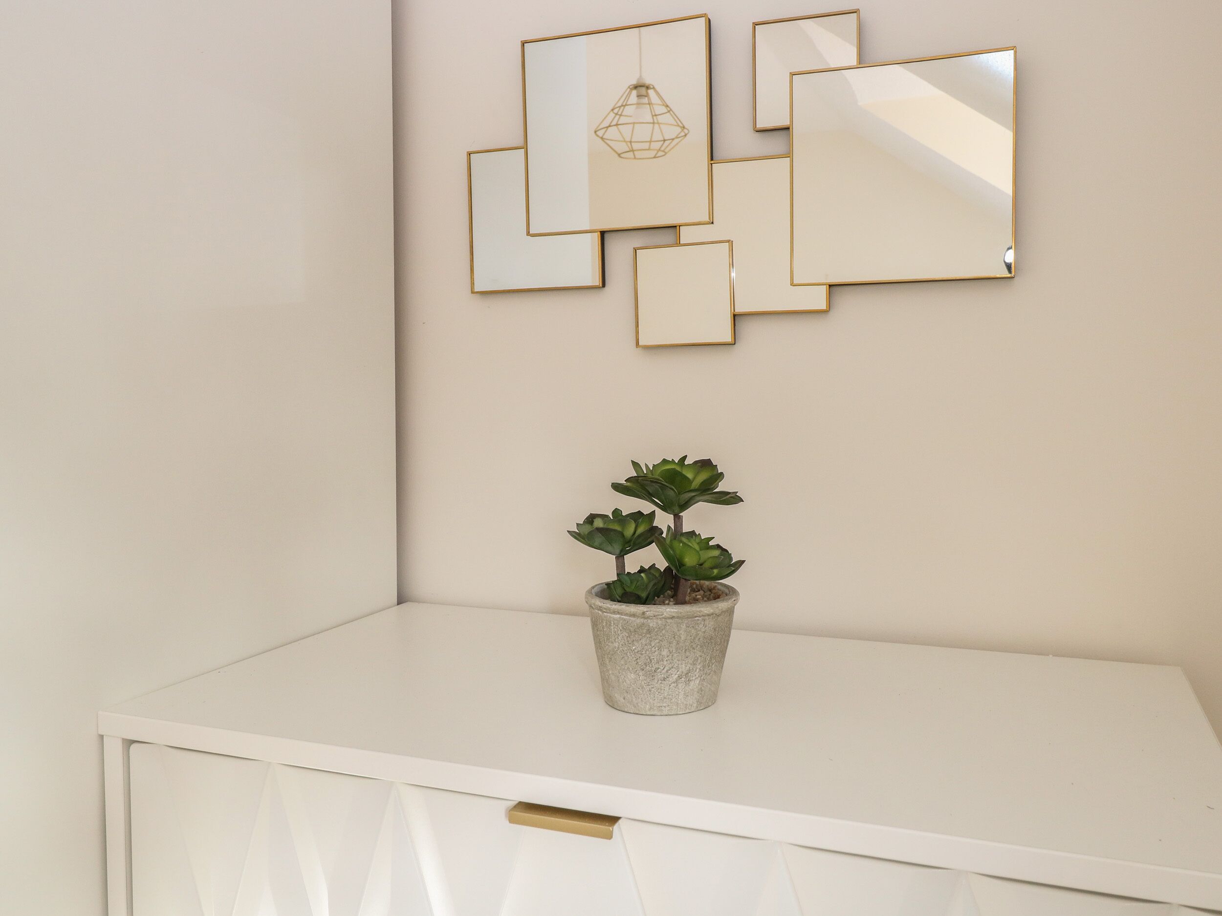 Un mueble blanco con una suculenta en maceta encima.