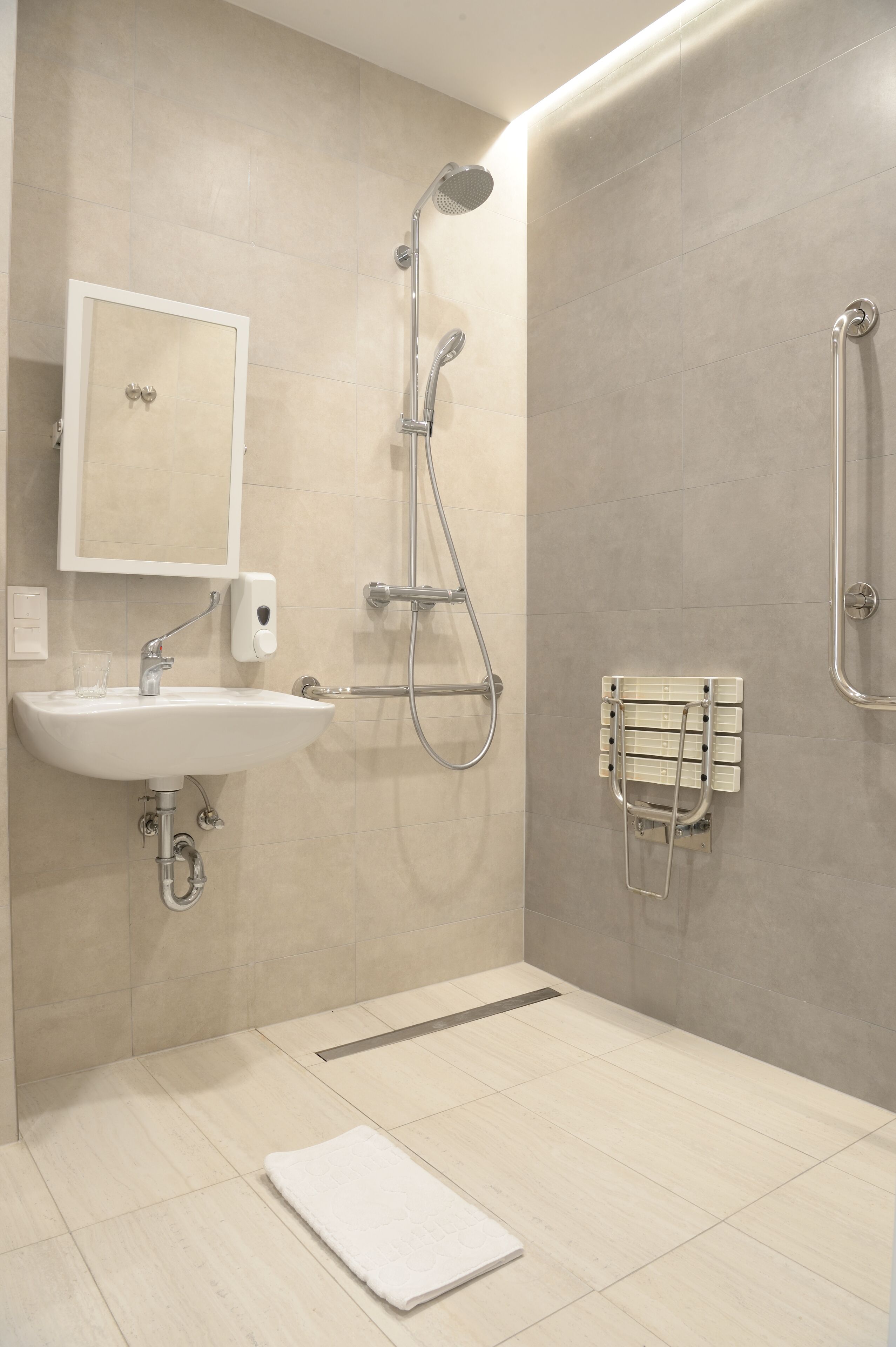 A modern bathroom with a sink, mirror, shower, and handrails.