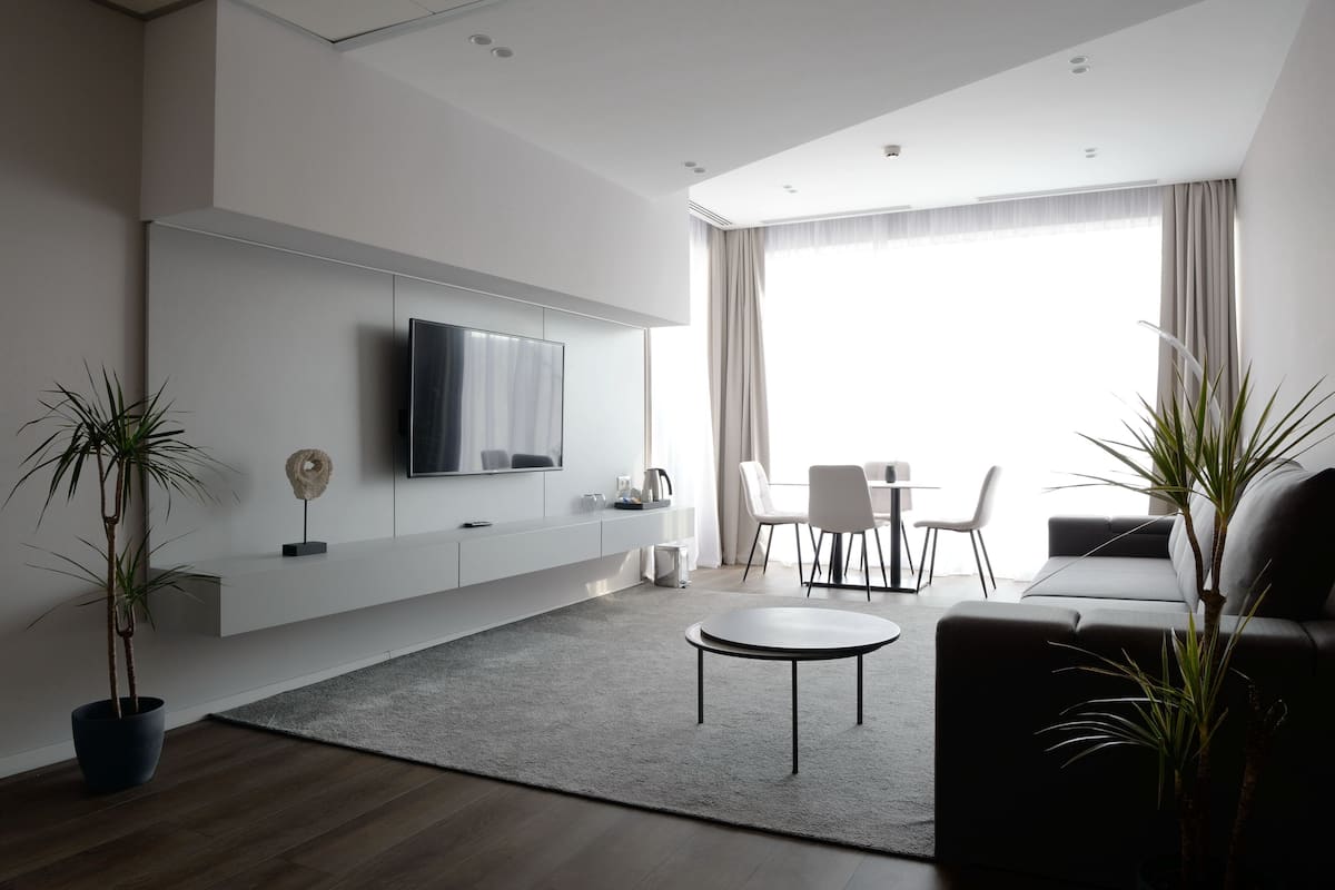 A modern living room with a flat-screen TV mounted on the wall, a sofa, a coffee table, and two potted plants.