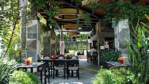 An outdoor dining area with stone pillars, tables, and chairs, surrounded by lush greenery and hanging plants. - Las Jaras Aguas Termales (Tamazula de Gordiano)