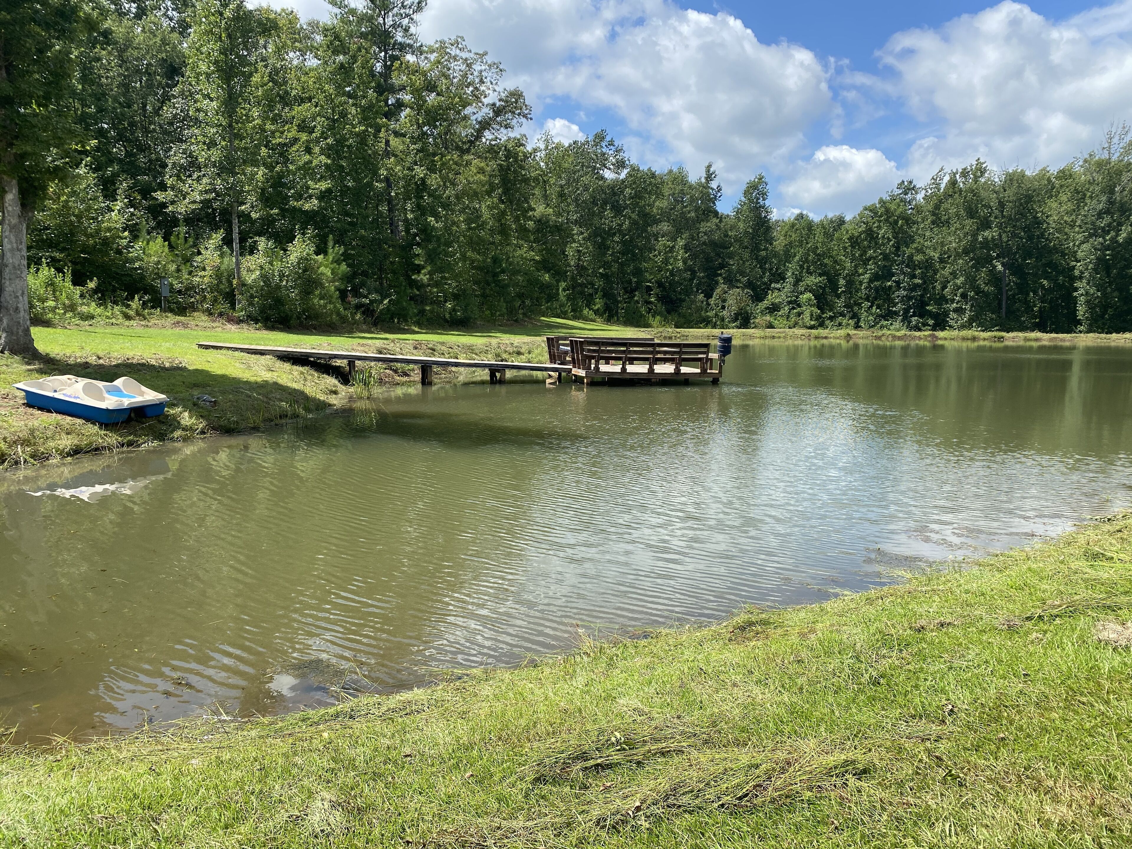 A calm lake with a wooden dock and a small boat.