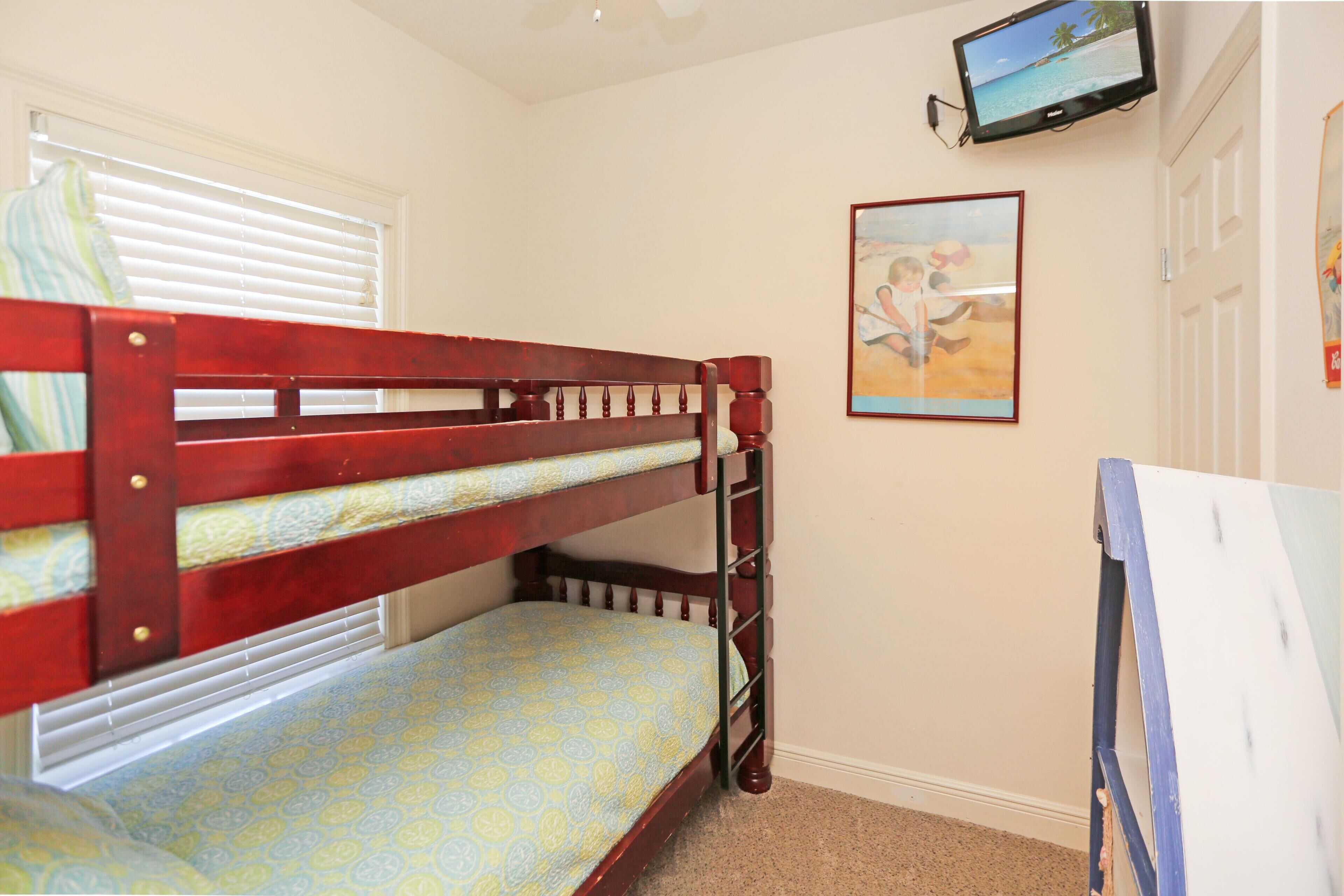 A bunk bed with a television above it, a painting on the wall, and a door to the right.
