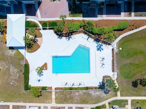 Vista aérea de una zona de piscina con una pileta rectangular, rodeada de sillones de descanso y palmeras.