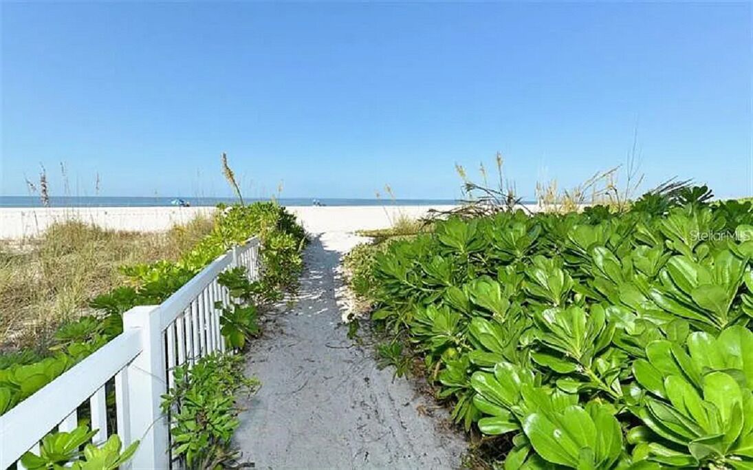 Een pad dat naar een strand leidt, met een witte hek aan één kant en weelderige groene beplanting aan de andere kant.