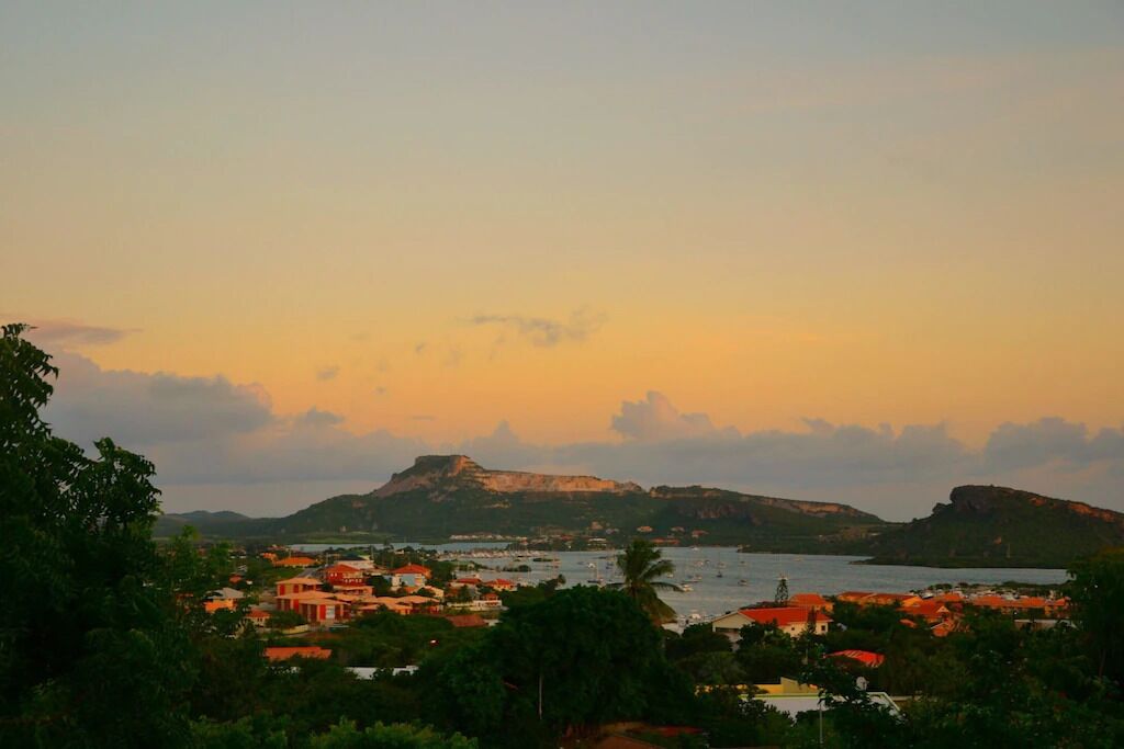 A coastal town with buildings, a hill, and a body of water.