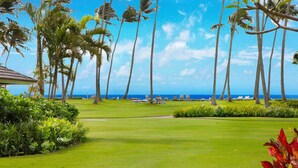 A golf course with a view of the ocean, surrounded by palm trees and a clear sky. - Luxury Ground Floor Condo Just 50 Yards From The Beach! (Koloa)