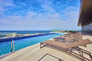Seasonal outdoor pool, pool umbrellas, sun loungers