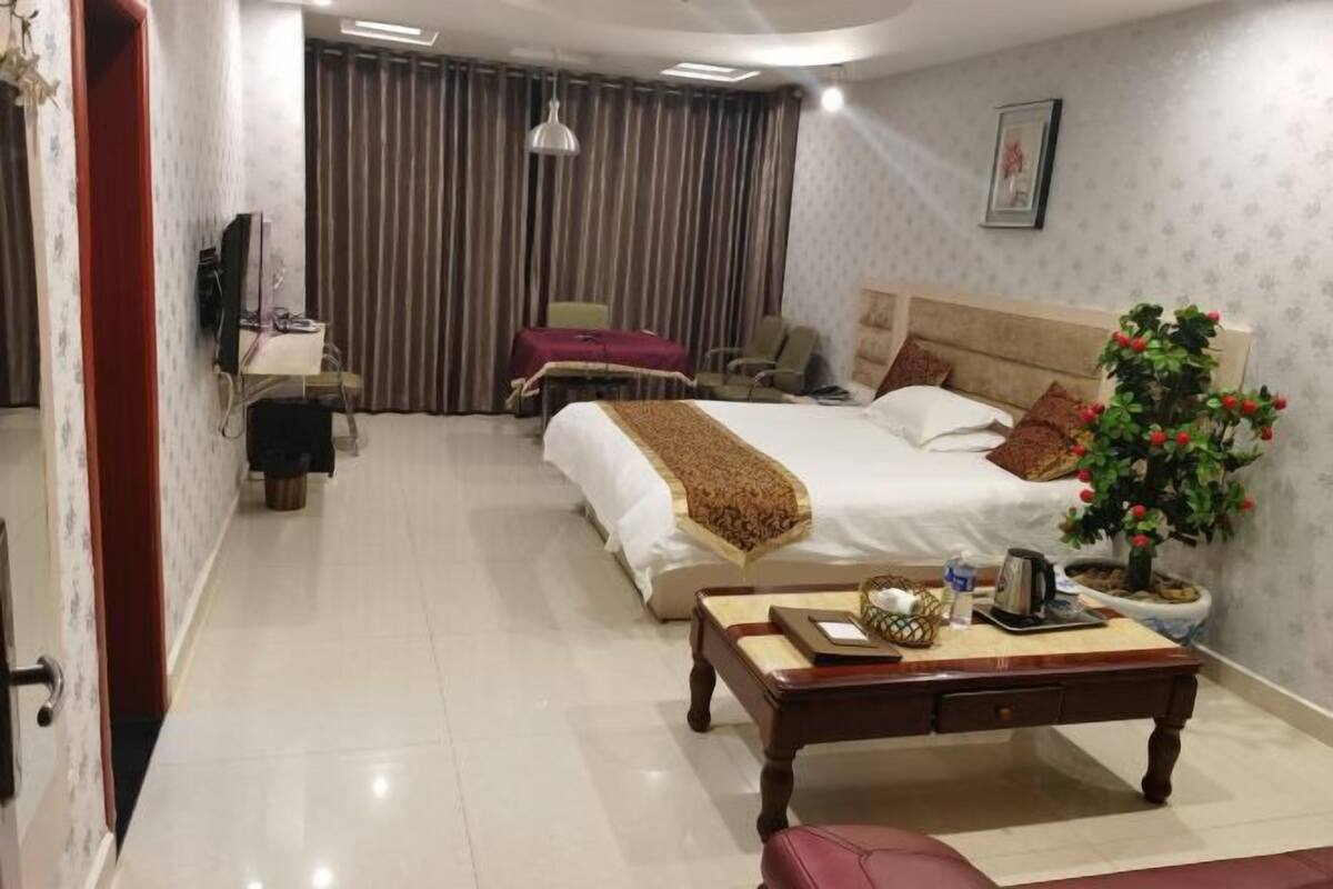 A hotel room with a bed, a desk, a chair, a coffee table, a television, and a potted plant.