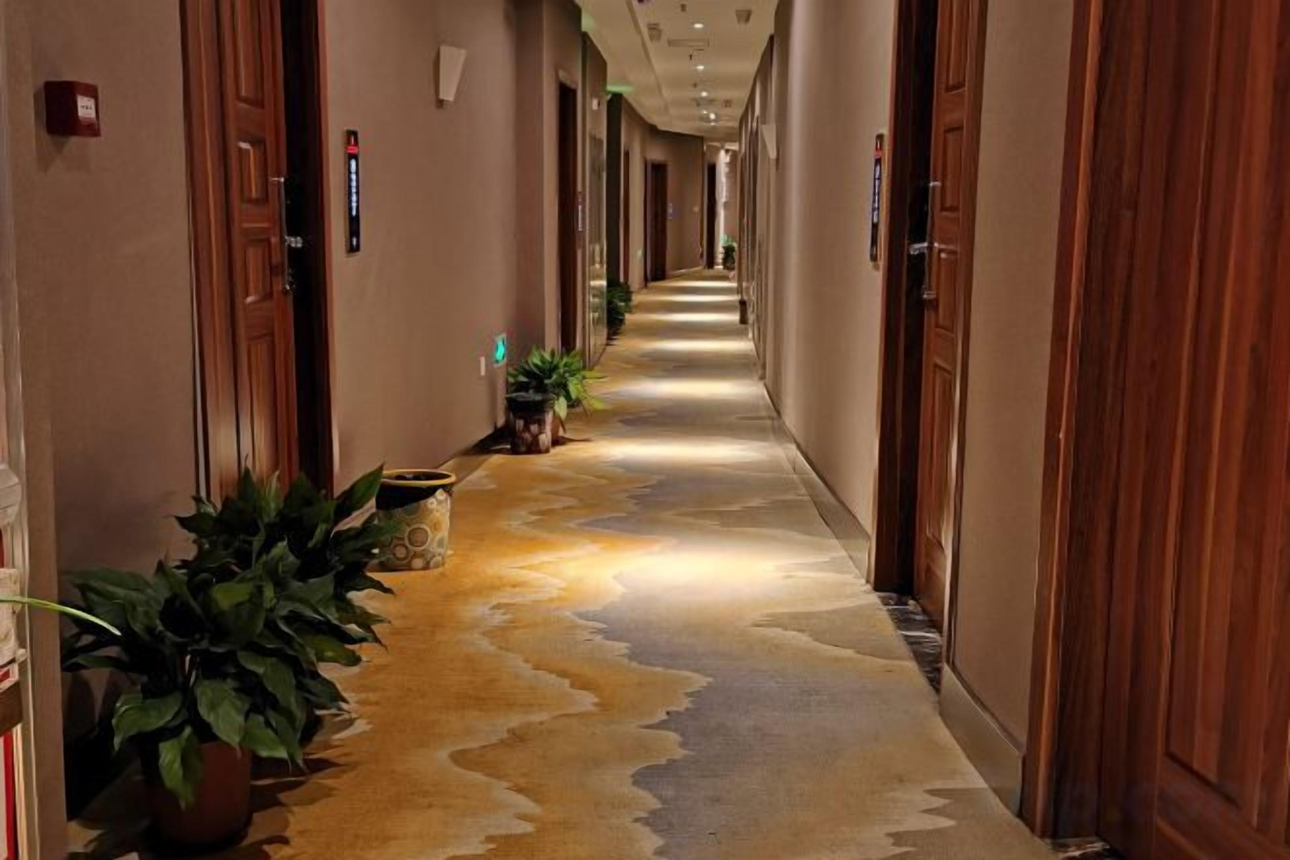 Een hotelgang met houten deuren, plantenbakken en een vloerbedekking.