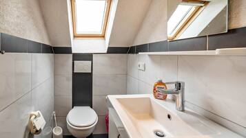 Een moderne badkamer met dakraam, toilet, wastafel en spiegel.