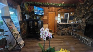 Un interior rústico con chimenea de piedra, paredes de madera, un televisor y un cartel que indica una zona para fumadores.