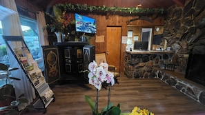 Interior rústico com lareira de pedra, paredes de madeira, televisão e placa indicando área para fumantes.