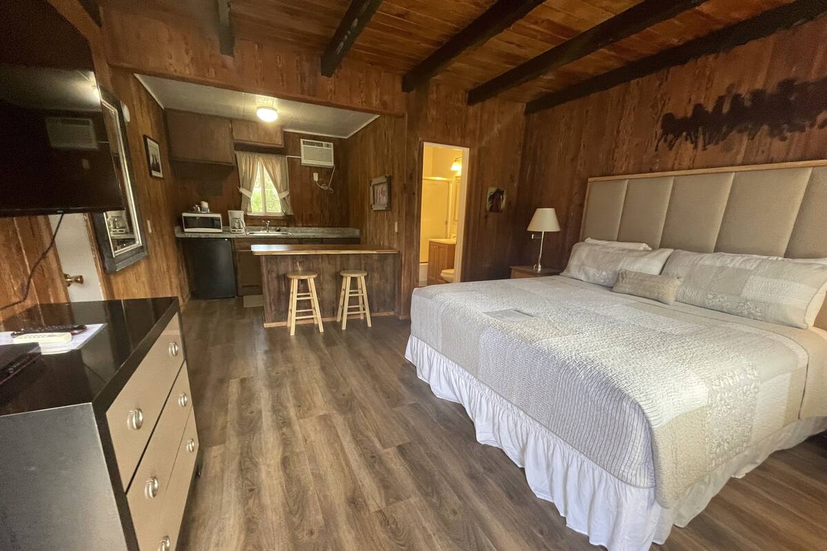 A bedroom with a large bed, wooden floors, a kitchen area with a bar, and a bathroom visible through an open door.