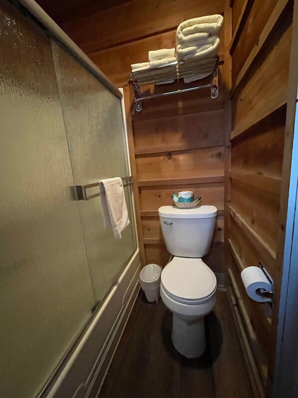 Et lille badeværelse med træpaneler, toilet, glasbrusekabine og håndklædestang.