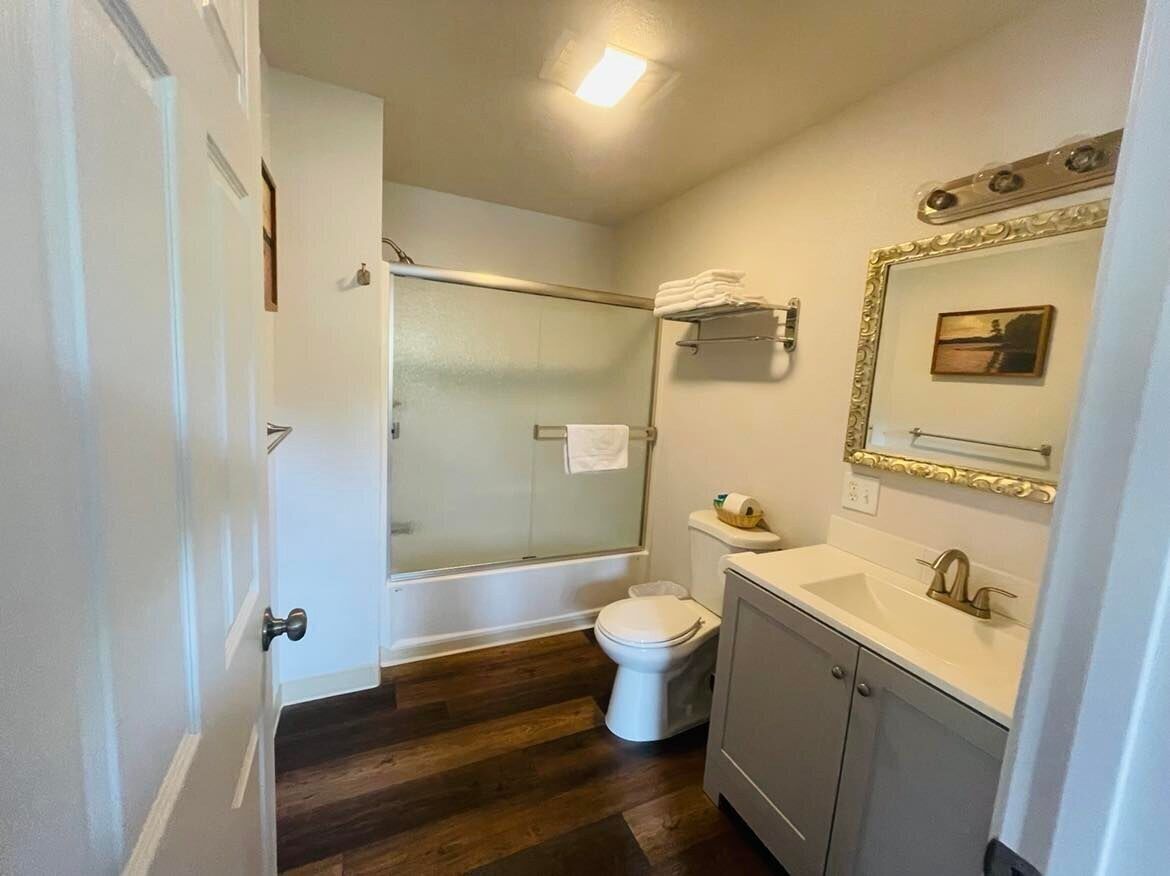 A bathroom with a shower, toilet, and vanity.