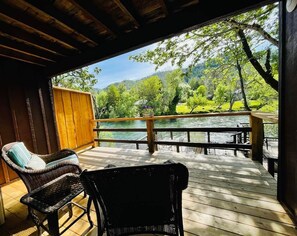 Superior Room, 1 King Bed, Balcony, River View | Terrace/patio - Riverfront Lodging (Shady Cove)