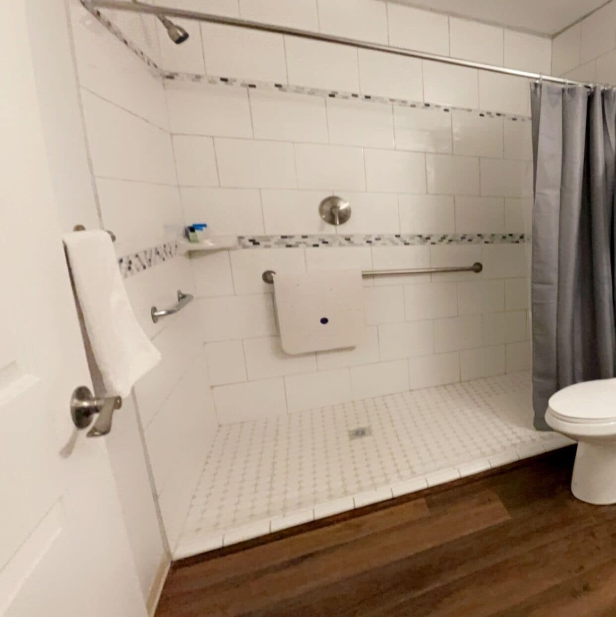 A shower area with a glass door, a towel rack, a toilet, and a shower curtain.