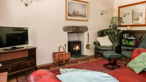 A living room with a fireplace, a television, a green armchair, and a red sofa. - Little Trespettigue (Launceston)