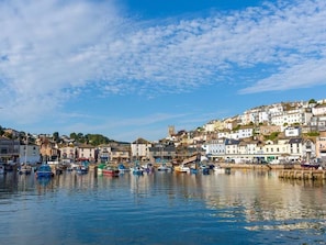 A coastal town with a harbor filled with boats, historic buildings, and a church on a hill. - Egret (Brixham)