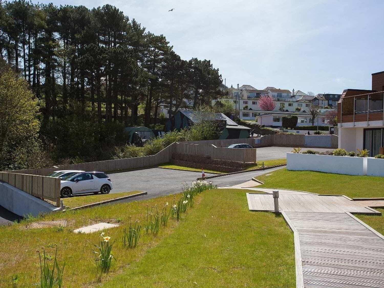 A residential area with a paved driveway, a white car parked, and houses in the background.