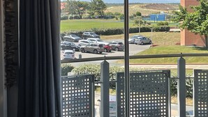 Vista des d'una finestra sobre un pàrquing amb cotxes, una zona verda i un edifici al fons.