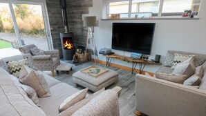 A modern living room with a stone fireplace, comfortable sofas, a flat-screen TV, and a wooden coffee table. - Dolwern (Newport)