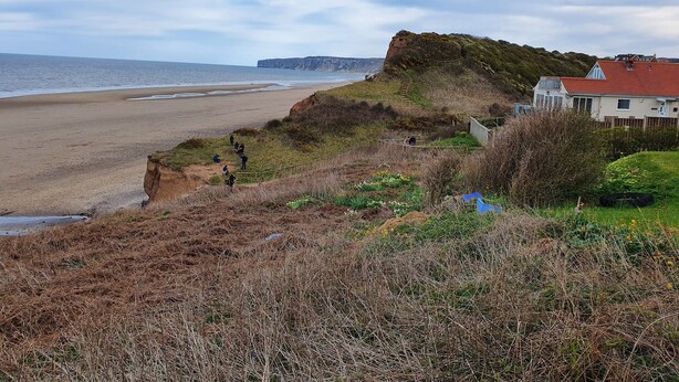 A coastal landscape with a beach, cliffs, and a house with a red roof. - Puffin Cottage (Filey)