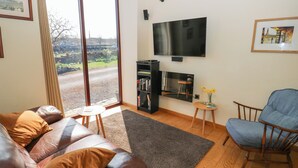 Una sala de estar con un sofá de cuero, un sillón azul, una estantería, un televisor de pantalla plana y vistas a través de un ventanal.