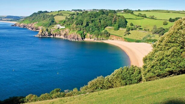 A coastal landscape with a sandy beach, rolling hills, and dense greenery. - Crowthers (Dartmouth)