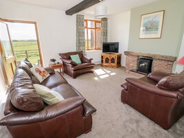 A living room with leather sofas, a television, a fireplace, and a large window with a view of the countryside.