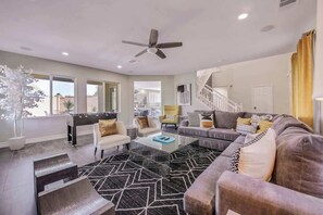 Smart TV, fireplace, foosball, books