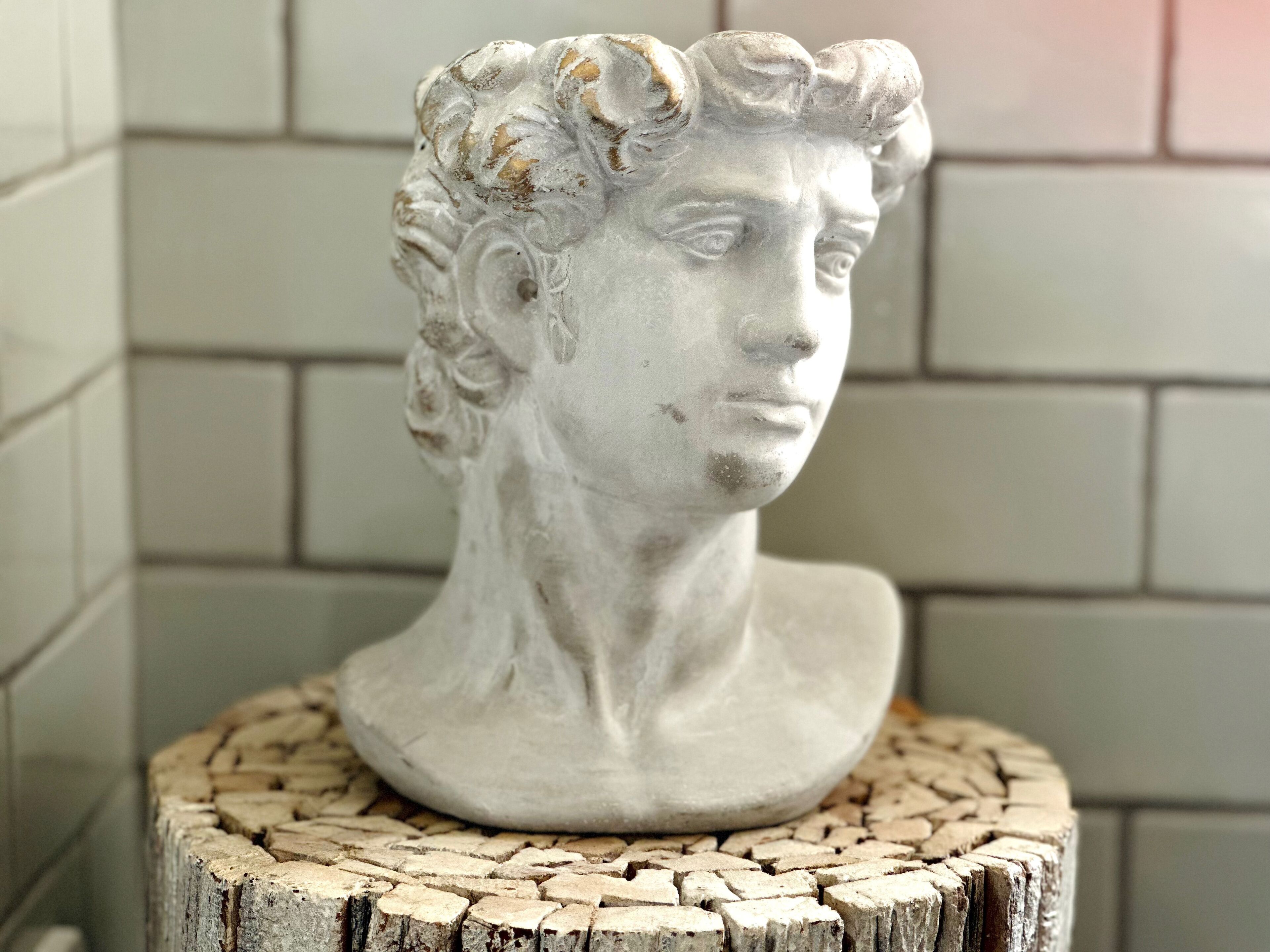 Escultura de busto de mármol sobre un pedestal de madera.