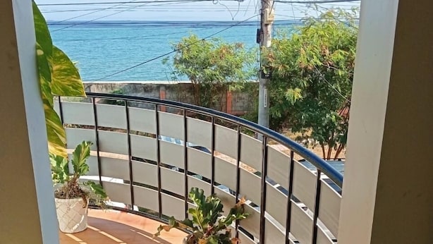 Un balcone con pavimento in legno, piante in vaso e vista sul mare.