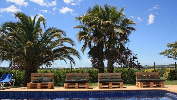 Un área junto a la piscina con bancos de madera y una tumbona, rodeada de palmeras y un cielo despejado.