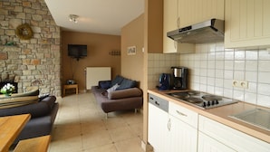 A compact living space with a stone wall, a sofa, a coffee table, a kitchen with a stove, and a television.