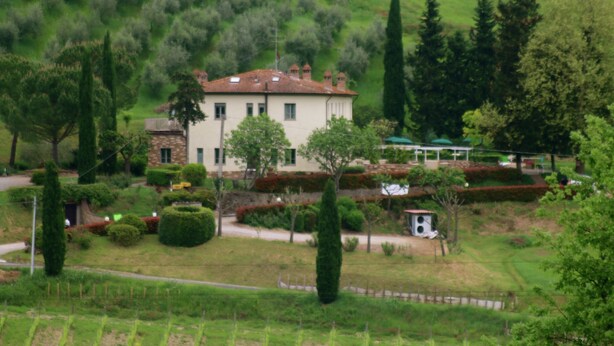 A large, two-story house with a garden and a small pond. - Farmhouse in San Gimignano with Pool (San Gimignano)