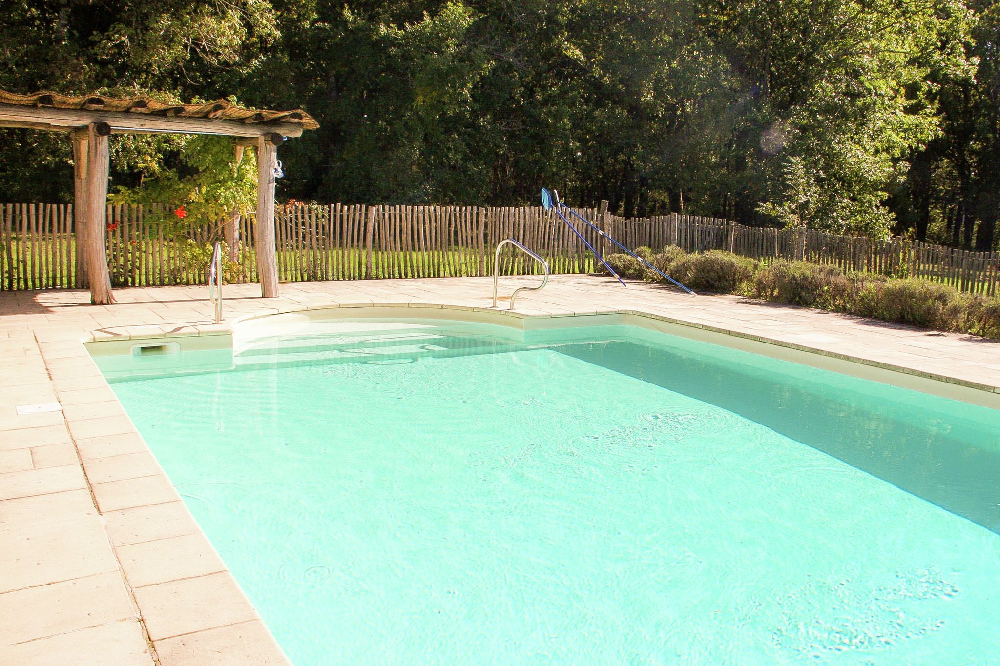 Une piscine rectangulaire agrémentée d’une pergola en bois et d’une échelle en métal.