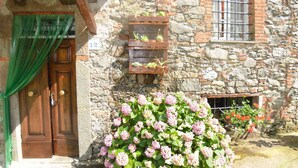 Un bâtiment en pierre avec une porte en bois, une fenêtre grillagée et un pot de fleurs suspendu contenant des plantes.