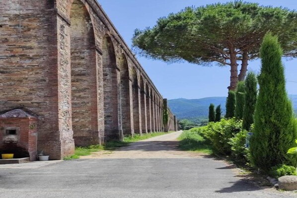 Un chemin mène à un bâtiment historique en pierre, doté d’arches au niveau des fenêtres, avec un grand arbre en premier plan.