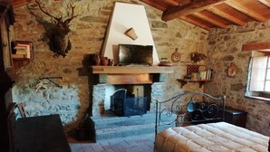 Une pièce rustique avec un mur en pierre, une cheminée, un lit et une bibliothèque.
