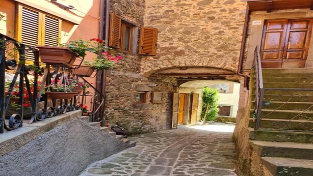 Une étroite ruelle pavée, avec un escalier sur la droite et une brouette remplie de fleurs sur la gauche.