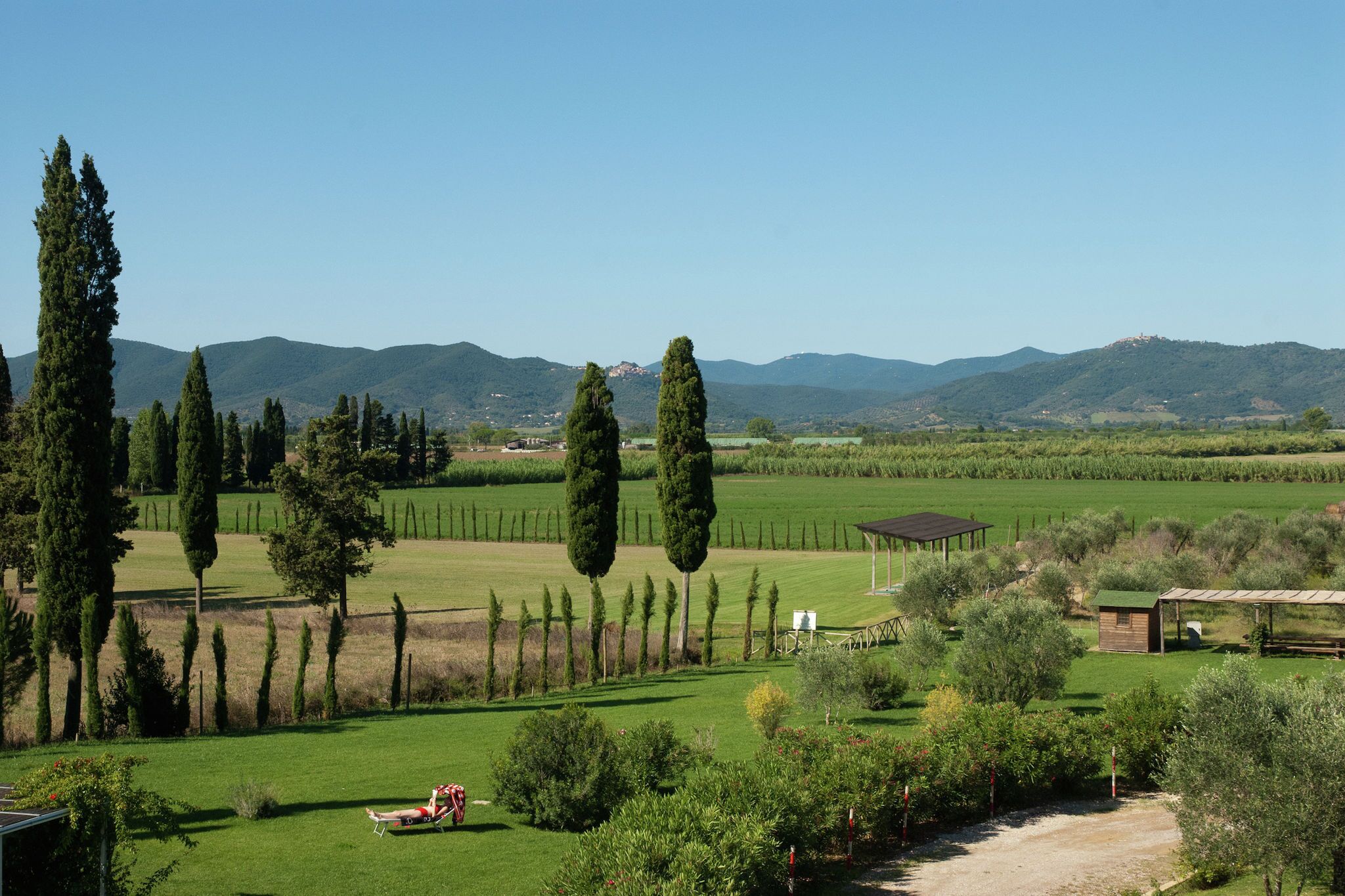A rural landscape with a clear sky, green fields, and distant mountains.